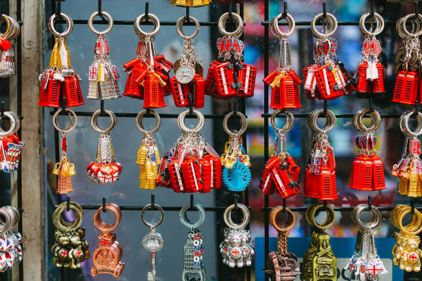 A retail display of London key rings for sale outside a gift shop in the city.