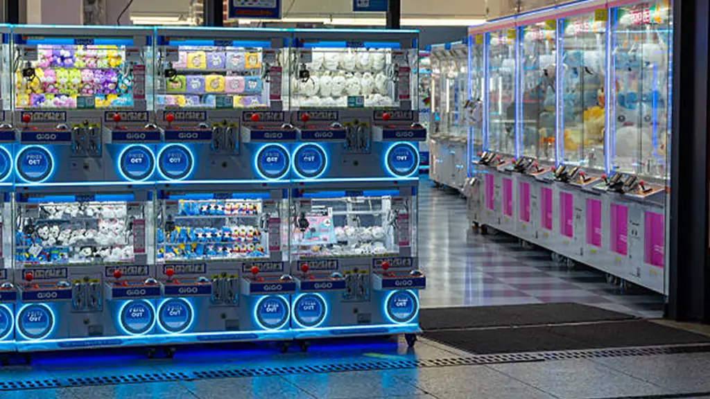 Rows of Crane Game Machines in a Amusement Arcade